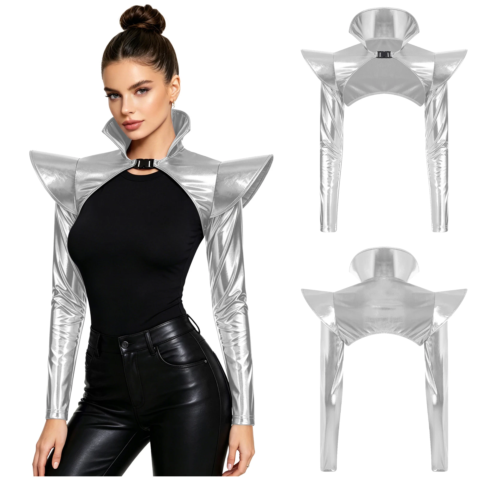Damen Gothic Punk Schulterpanzer Metallic Glänzende Crop-Top Bustier Korsett für Halloween Karneval Rave Nachtclub Clubwear