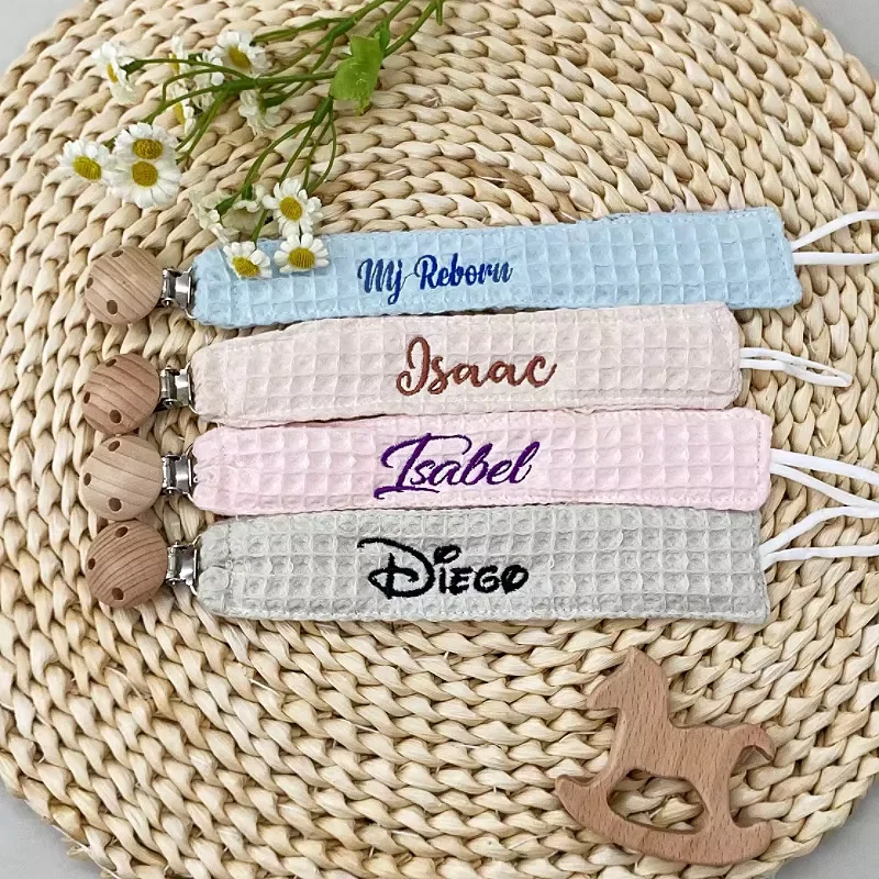 Personalized Fabric Pacifier Clip Holder Hand Embroidered Name Custom Wooden Clip Baby Shower Gift for Newborn Baby image 3