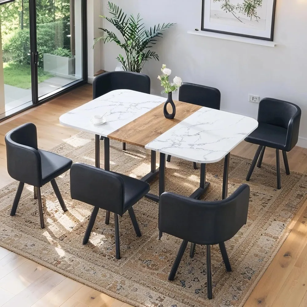 

Modern Dining Table Set for 6, 60.2" Dinner Table Set for 6, White Faux Marble Tabletop with Sturdy Metal Legs, 6 Design Chairs