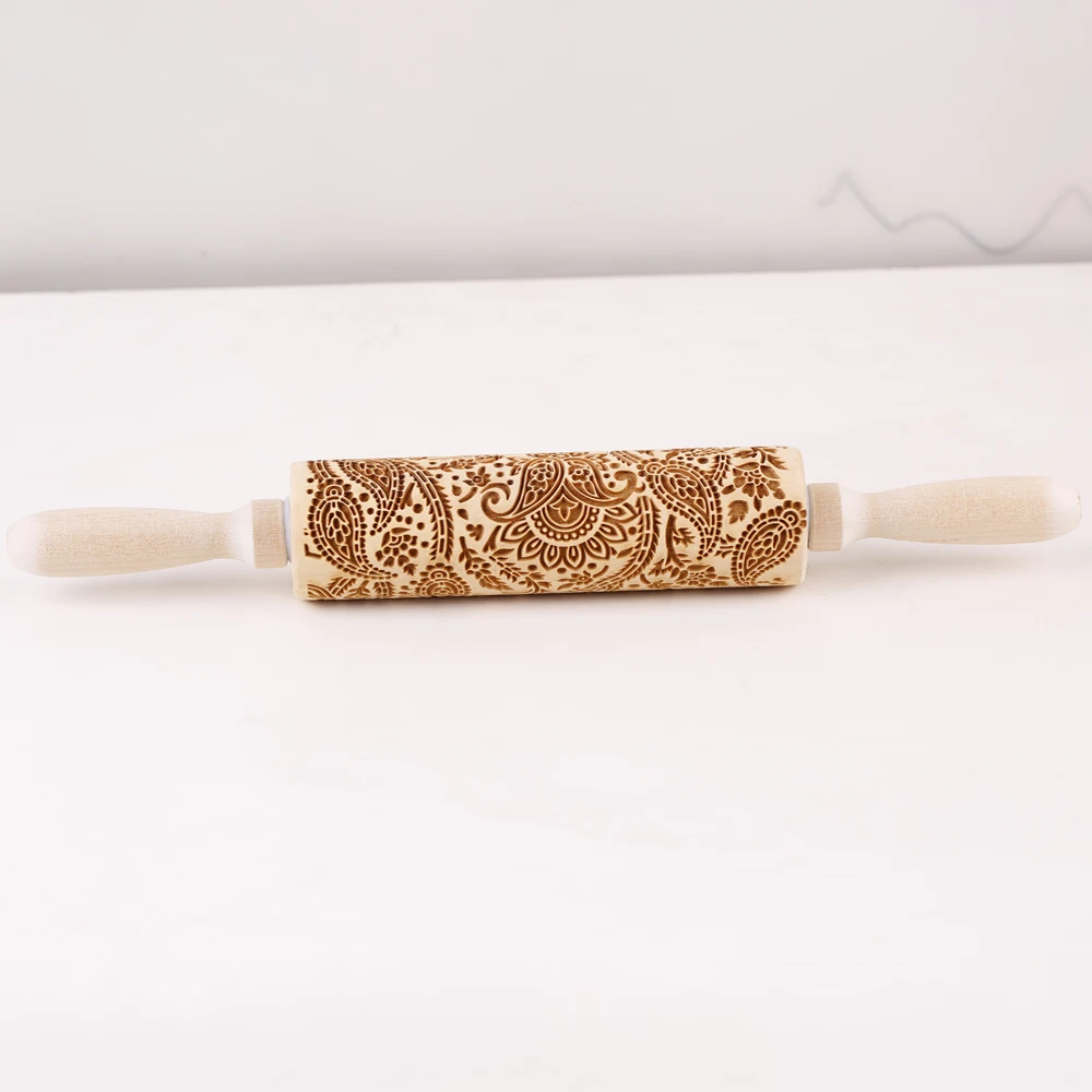 New Big size Tree of Life Deep Engraved Wooden Embossed Cookie Flower Rolling Pin for Baking 3D Mold