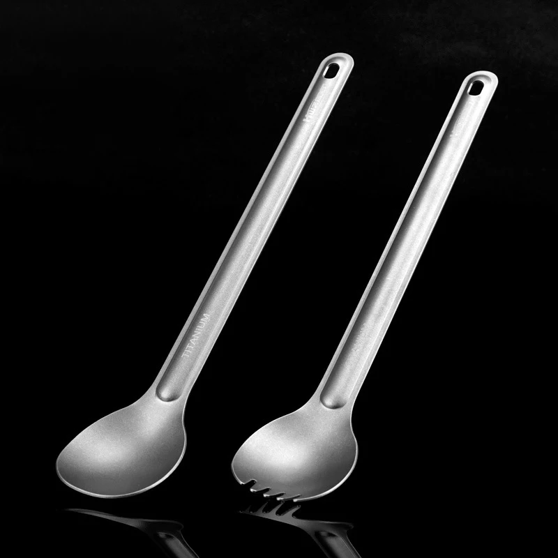 1Pc Camping Titanium Spoon Spork Portable Outdoor Camping Titanium Cookware Cutlery Fork Titanium Long Handle Spoon Tableware