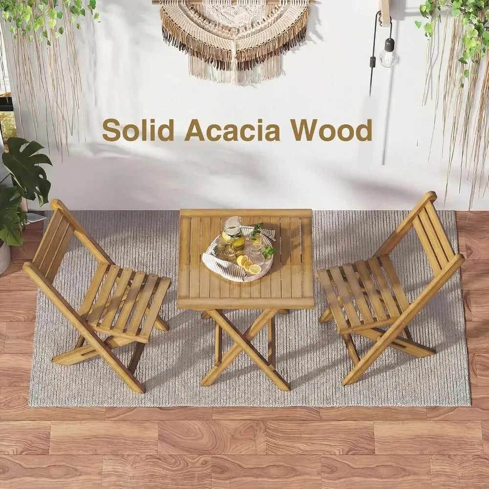 3-Piece Acacia Wood Patio Bistro Set with Distressed Finish, Suitable for Outdoor, Balcony, Backyard, Porch, Campsite, Supports view 6