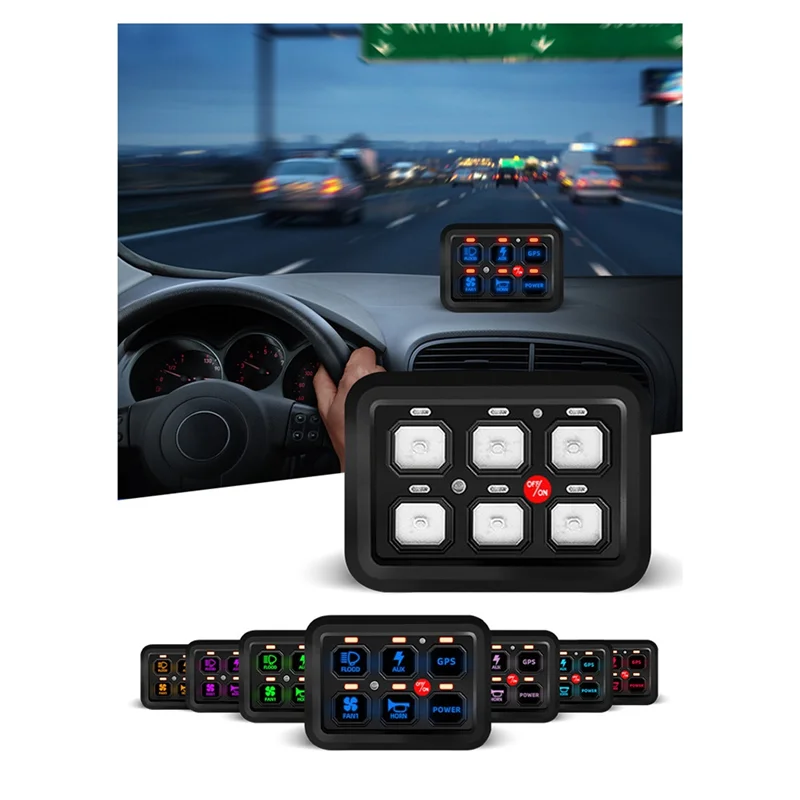 A73E-para Jeep UTV caravana Compatible 12V LED Panel de interruptor de 6 entradas 600W-1200W caja de sistema de relé de Control de circuito Panel de Control táctil