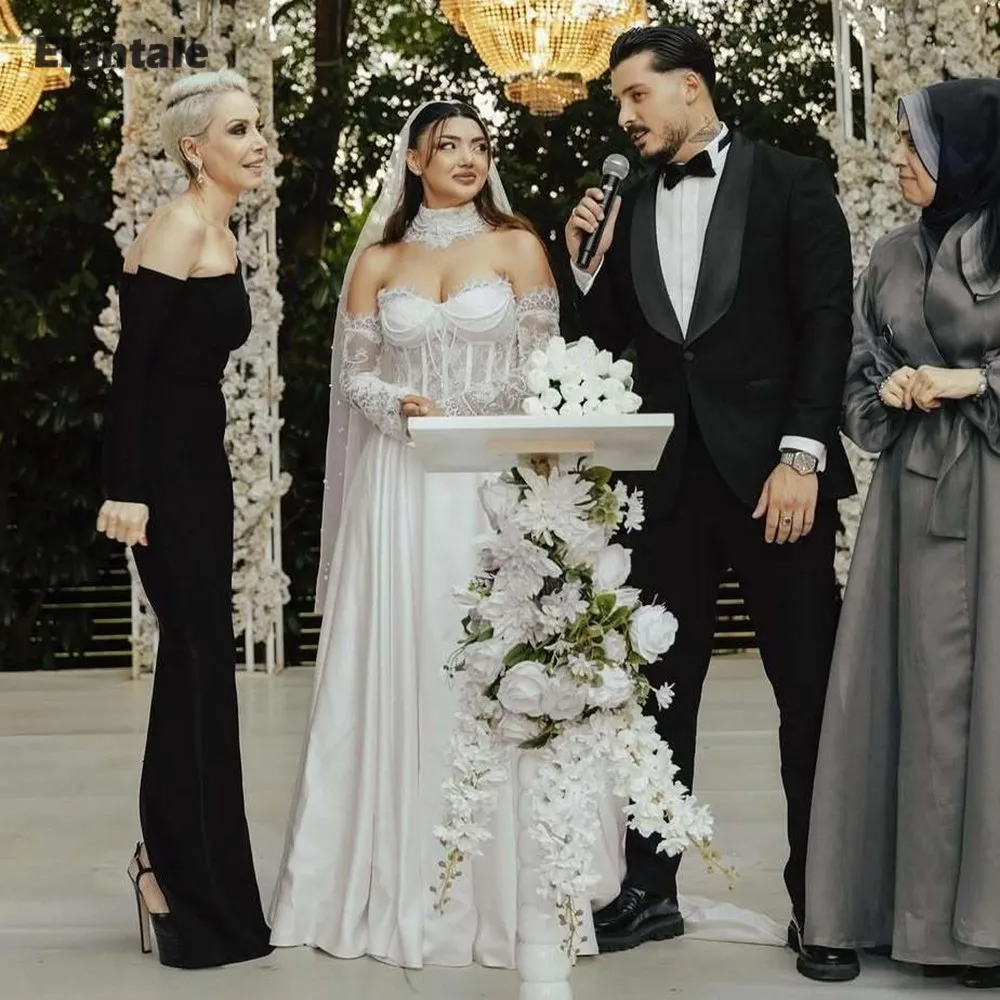 

Eightale арабские свадебные платья по индивидуальному заказу с лямкой на шее и бисером с длинными рукавами мусульманские кружевные свадебные платья трапециевидной формы Vestidos De Novia