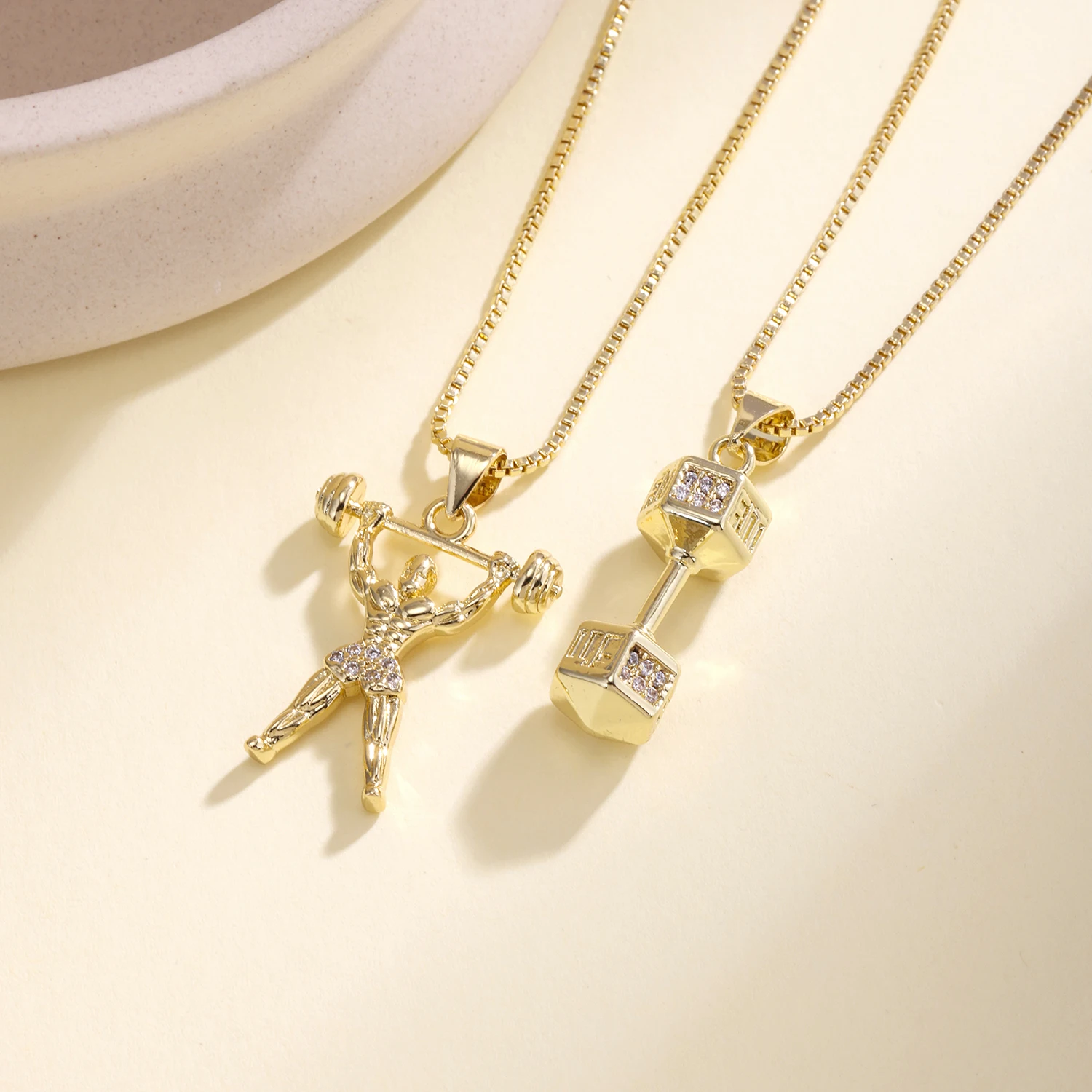 Nidin Trendy Hip-Hop Cubic Zirconia Dumbbell & Weightlifter Gym Pendant Necklaces Clavicle Chain Fitness Jewelry For Men Women
