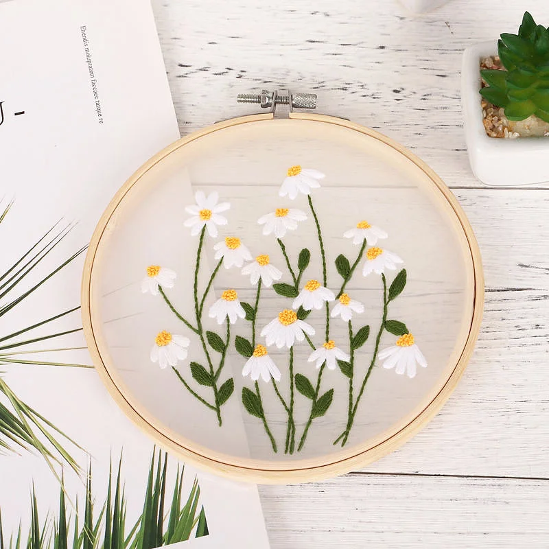 DIY Embroidery Set White Flowers Plants Pattern Embroidery Starter Kit Cross Stitch Kit Needlework Tools DIY Handmade Craft