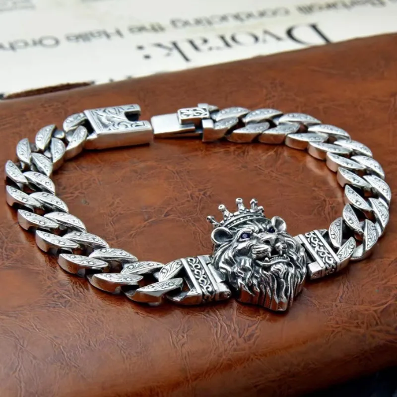 BOCAI S925 Sterling Silver Bracelets for Men Fashion Eternal Rattan Cuban Link Chain Lion Head Punk Hand Jewelry