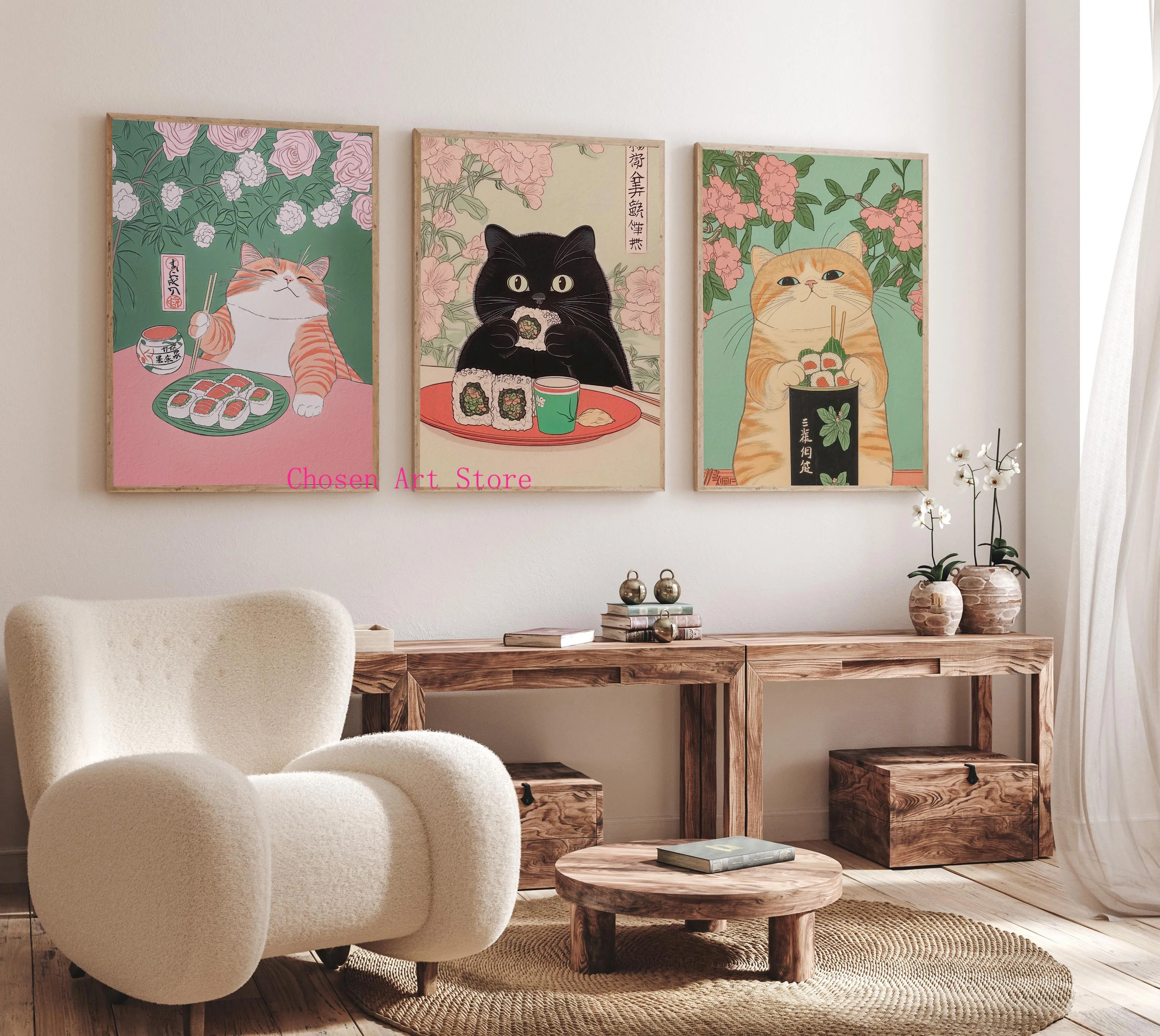 Japanese Ukiyo-e Orange Cat Sushi Cat Eating Noodles Drink Tea Poster Printing Canvas Painting Home Japanese Kitchen Wall Decor