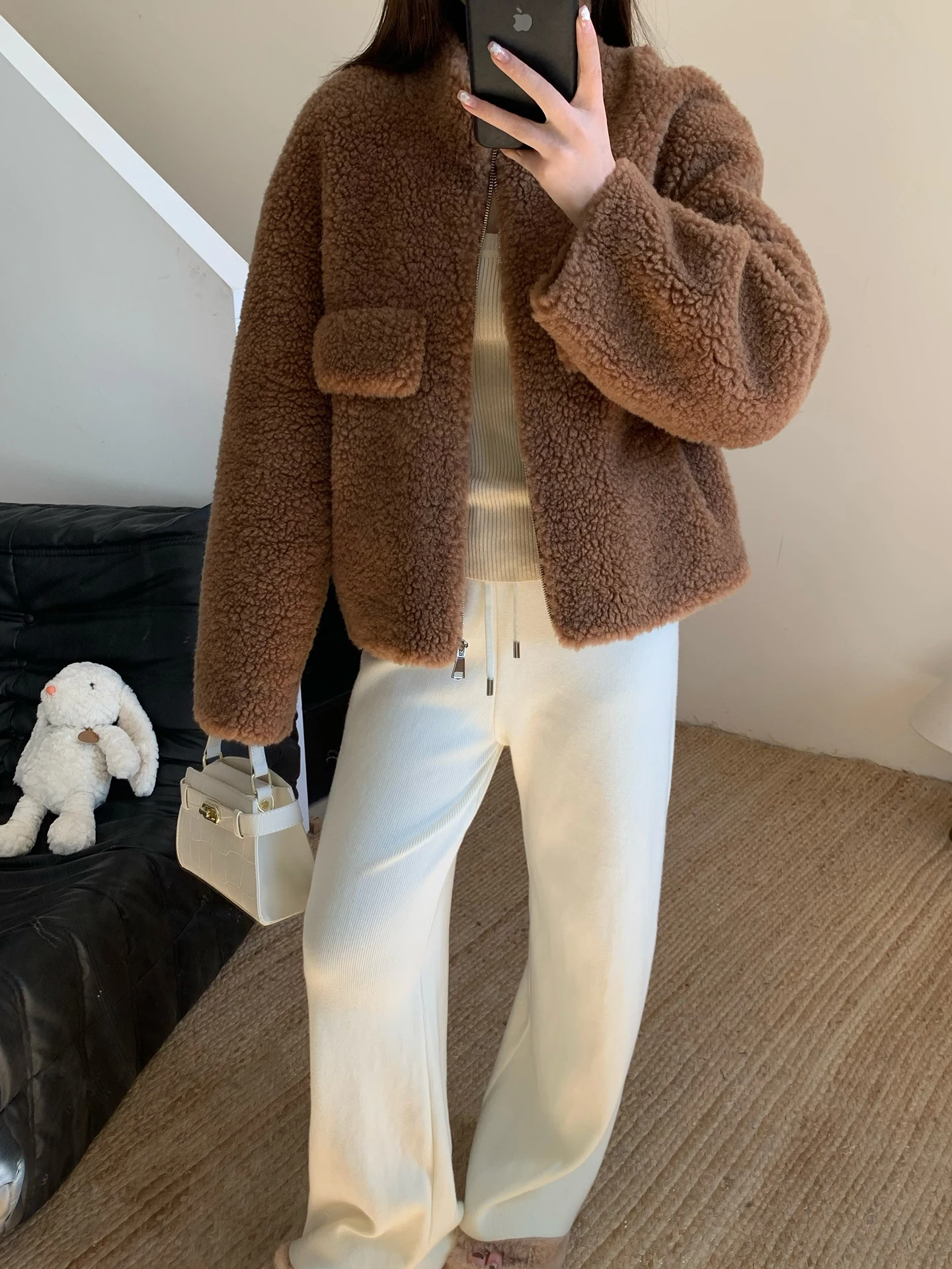 Nova Chegada: Casaco Feminino de Lã Pura com Zíper, Gola Curta e Forro de Pele Integrado para Aquecimento, Confortável, Estilo Jovem, Versão Coreana