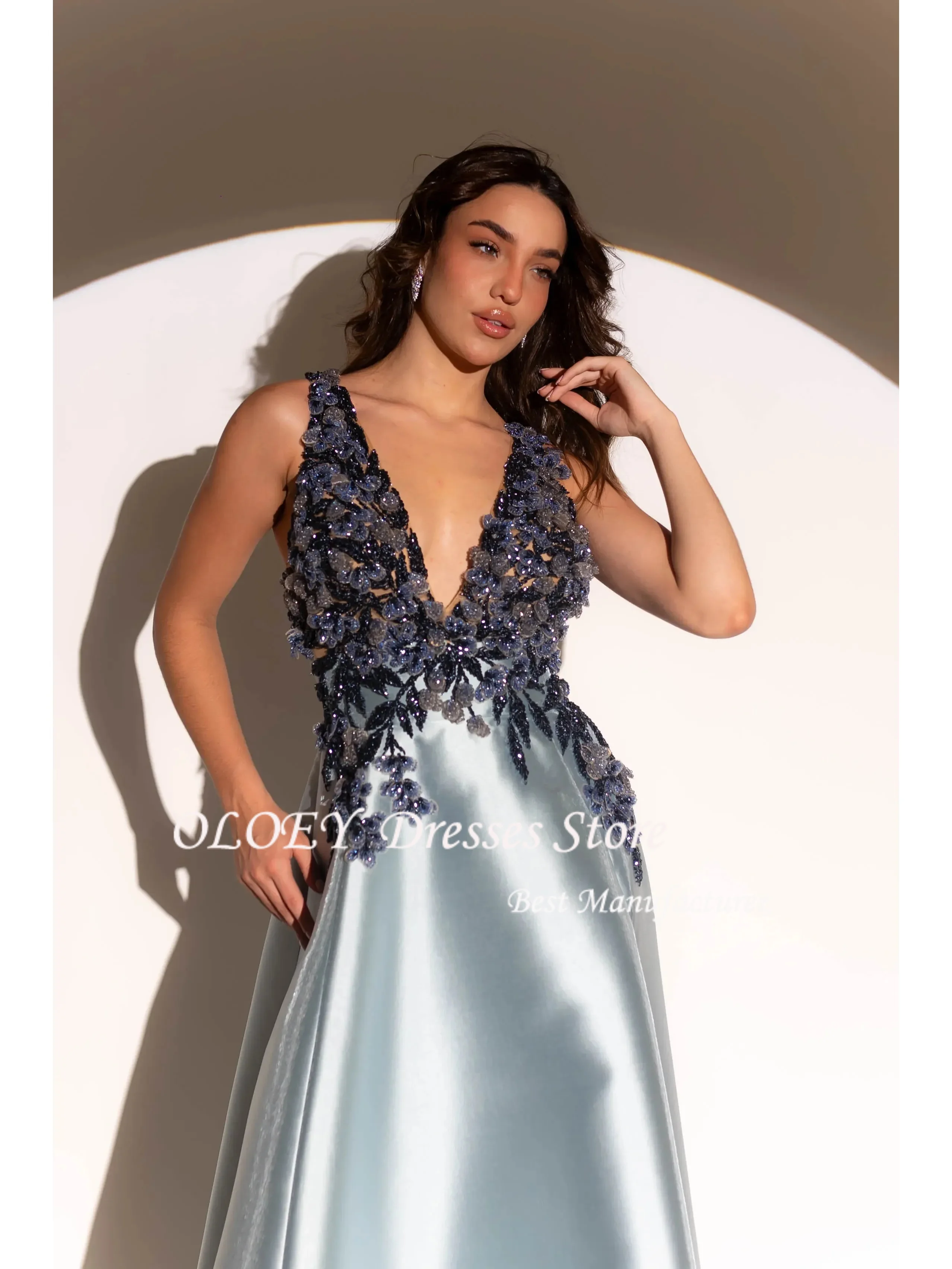 OLOEY ชุดเดรสสายเดี่ยวสีฟ้า ชุดเดรสทางการ คอวีลึก ชุดเดรสสำหรับงานแต่งงาน ประดับลูกไม้ ชุดเดรสสำหรับโอกาสพิเศษ สามารถสั่งตัดได้