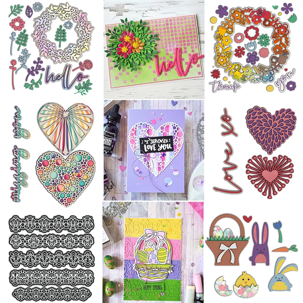 

Венок в горошек в форме сердца и пластика, металлические трафареты, корзина с изображением счастливой Пасхи, кружевная рамка, высечка для DIY, скрапбукинга, изготовление открыток