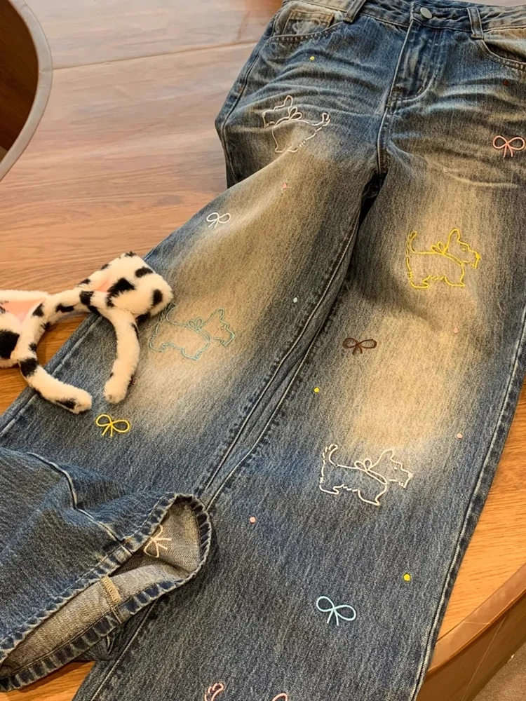 

Прямые джинсовые брюки с вышивкой щенка, женские широкие брюки с высокой талией на молнии, женские модные джинсовые длинные брюки