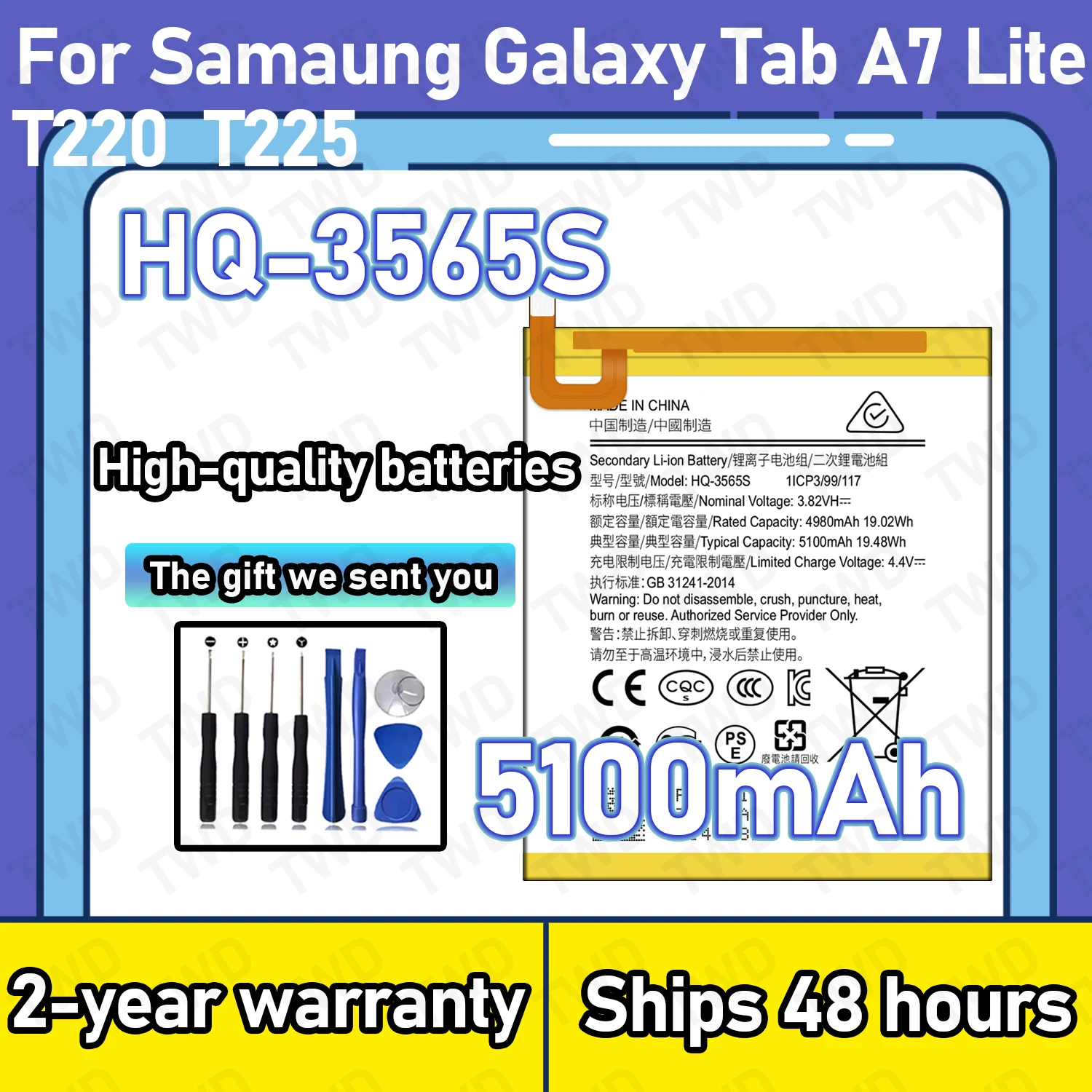 HQ-3565S 5100mAh Large capacity Battery For Samaung Galaxy Tab A7 Lite T220 T225 Batteries New High Quanlity+Free Tools