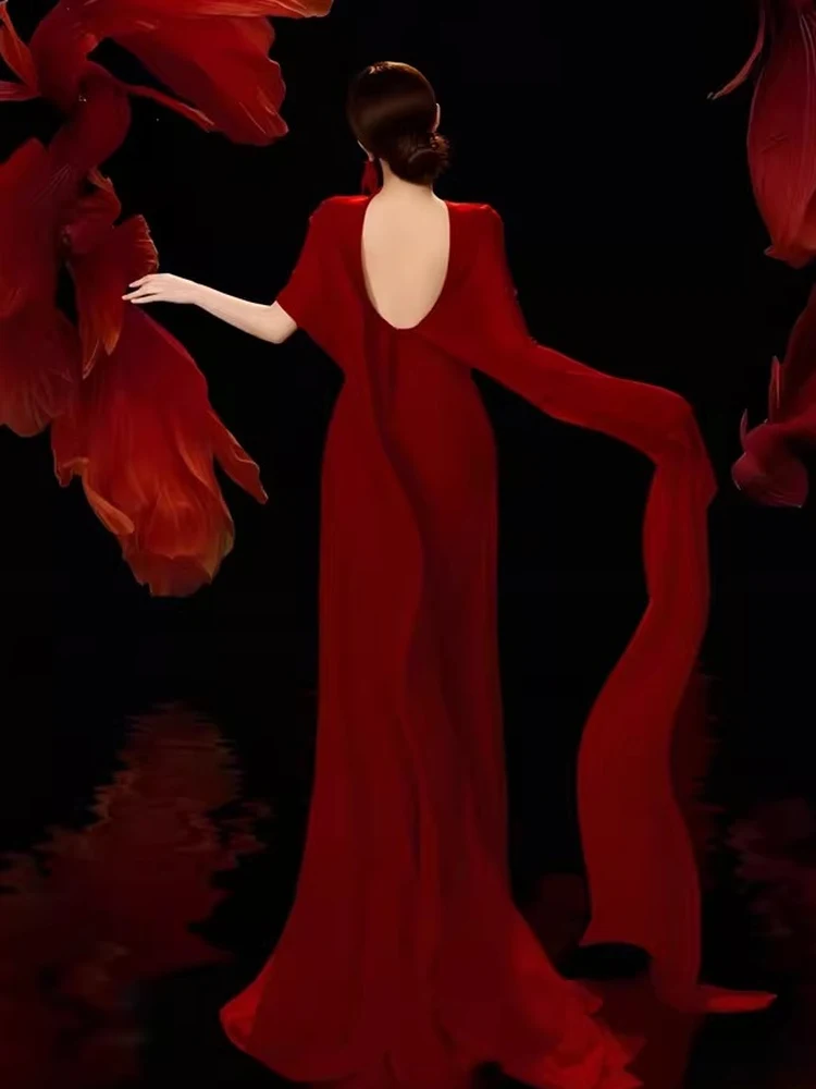 

Red Chinese Sle Portrait Photoaphy Costume New Year Koi Theme Retro Sle Wedding Dr with Belt Medium Waist plus Size