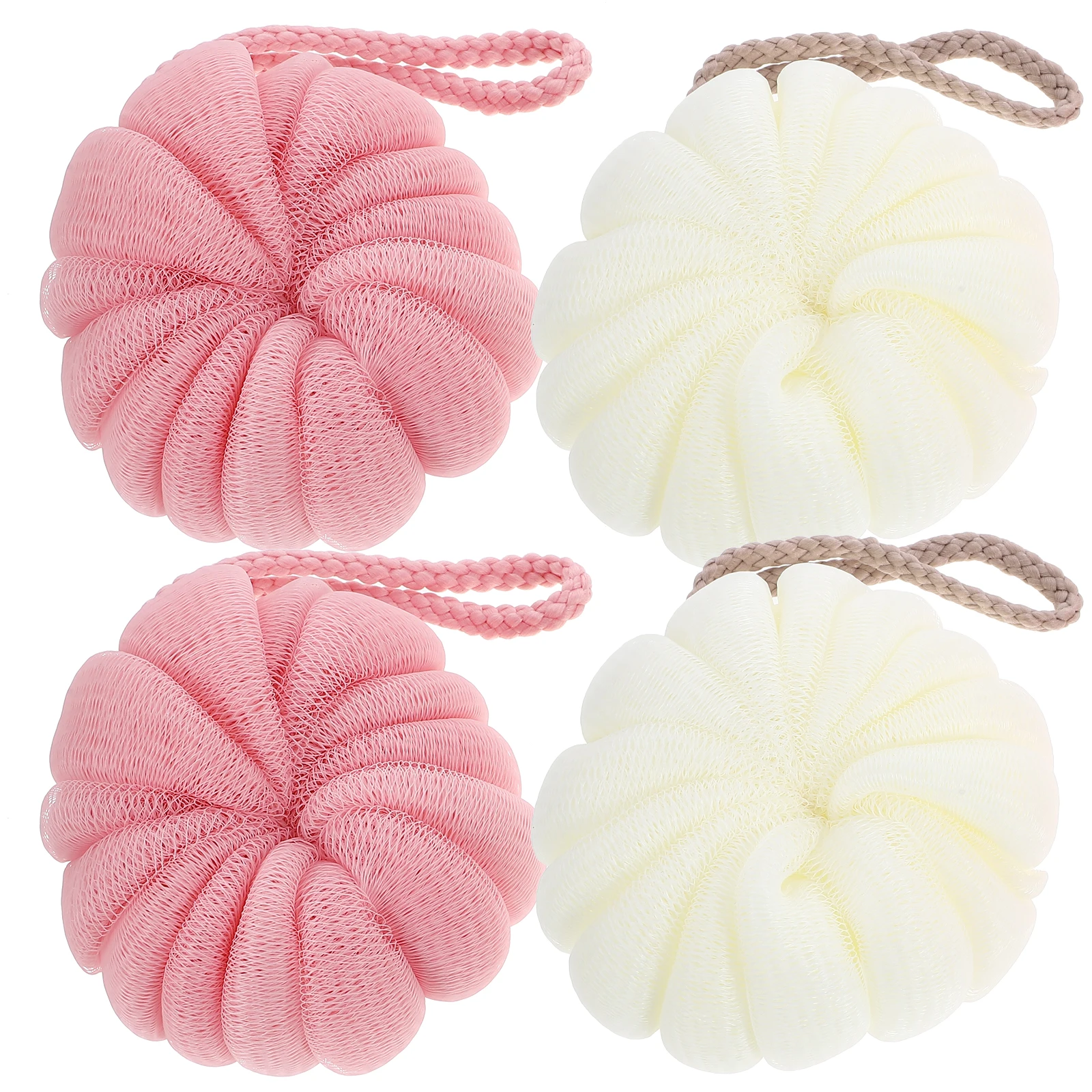

4 Pcs Bath Flowers Shower Scrubber Body Sponge Loofah Pumpkin Shape White Pink Foaming Rich Bubbles Cleaning Supplies Bath Ball