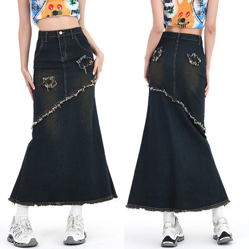 

Женские винтажные длинные джинсовые юбки с высокой талией, женская модная юбка-годе в Корейском стиле, уличная одежда в стиле Харадзюку для девочек, синее платье-Русалка