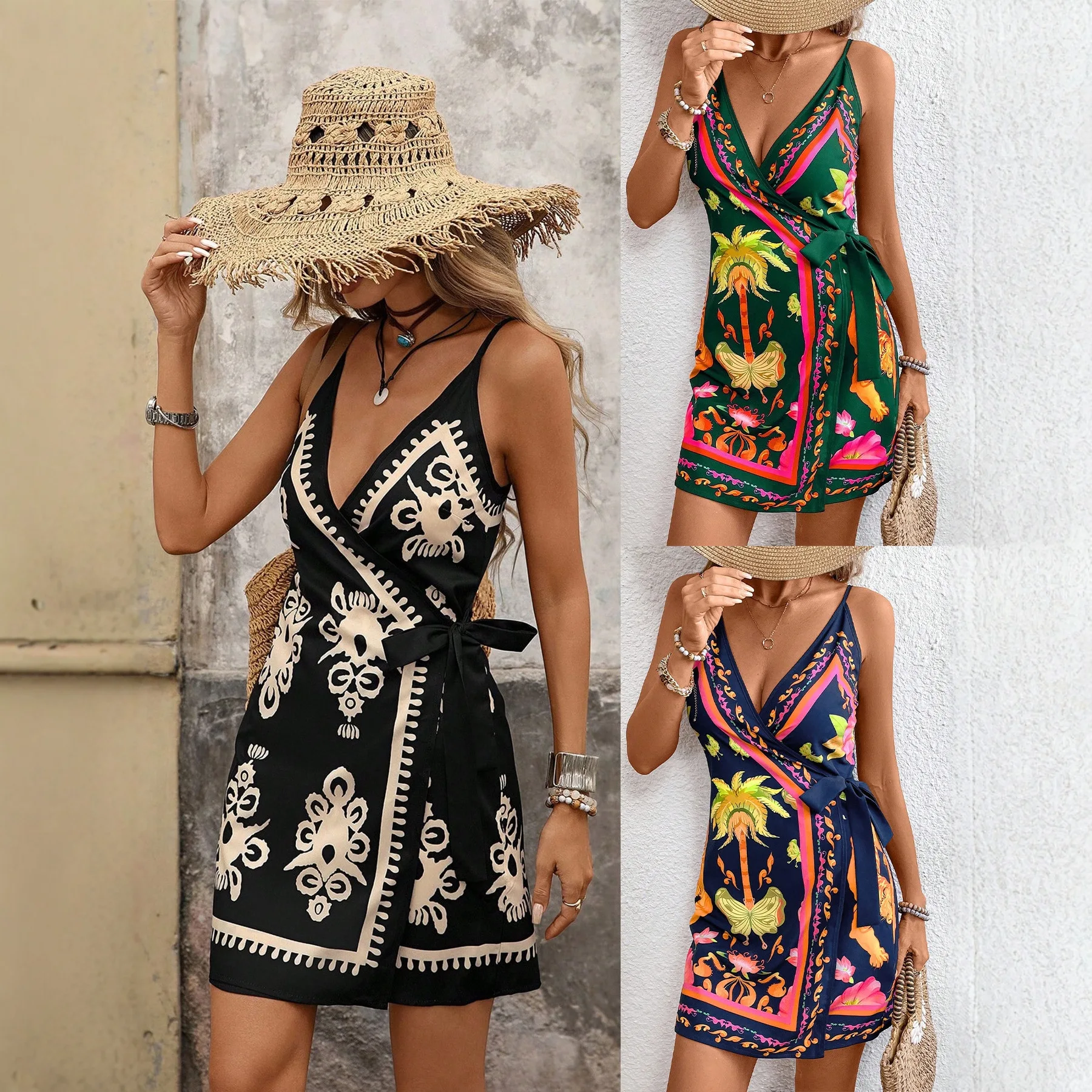 

2026 New Summer Tropical Print Sleeveless Spaghetti Strap Tie Up Dress For Women Fashion Casual Beach Style Midi Dresses