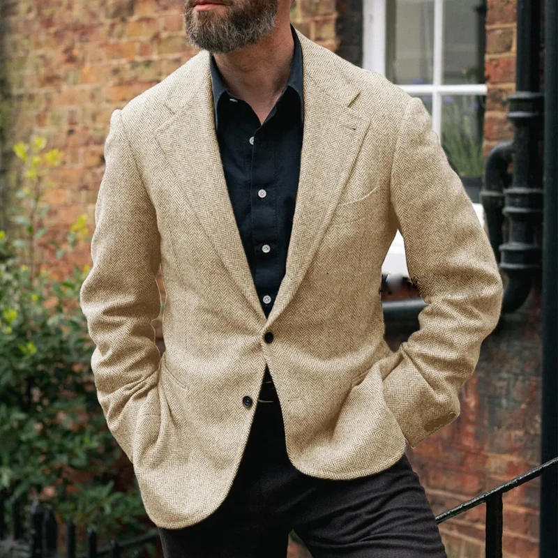 

Men's Herringbone Coat Straight Pockets Fashion Suit Jackets Two Buttons Man Classic Jackets High Quality Notch Lapels Fabric