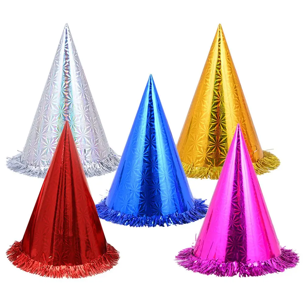 

18 Pcs Tricorn Hat Kids Adults Birthday Cone Glittering Comfortable Elastic Band Triangle Tassel Edge Festivals Graduation Party