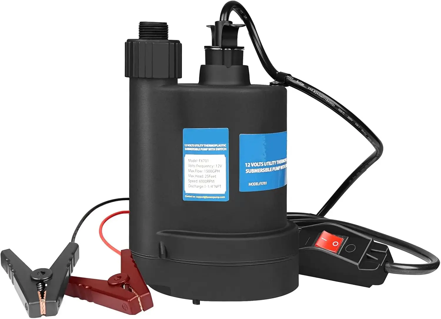 12V DC Submersible Pump 1500 GPH Sump Pump with Switch
