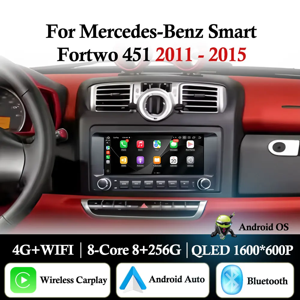 9.3'' For Mercedes-Benz Smart Fortwo 451 2011 - 2015 Android 16 Wireless CarPlay Car Radio Multimedia Player BT WIFI DSP Stereo