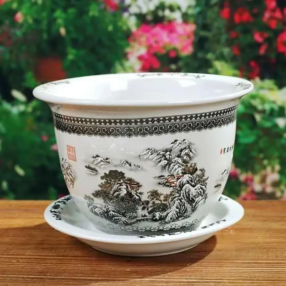 Chinese Ceramic Planter Porcelain Flower Pot with Saucer Bonsai Pot Decorative Plant Pot Succulent Planter for Table Centerpiece