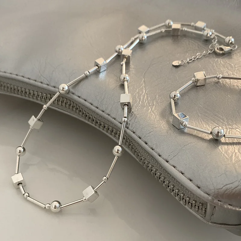Women's 925 Sterling Silver Bead Geometry Necklace, Korean Design