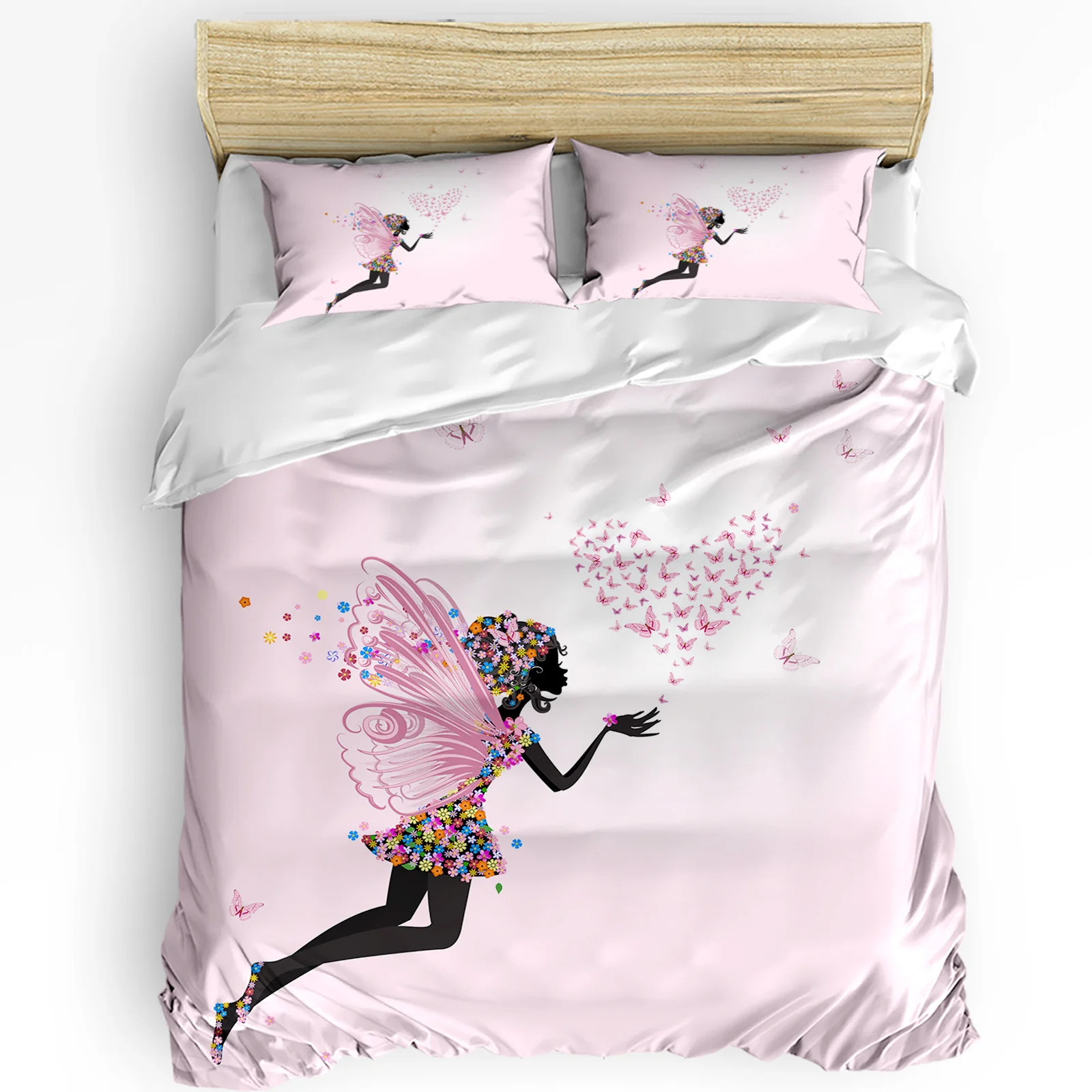 Pink Girl Flower Butterfly Duvet Cover Bed Bedding Set Home Textile Quilt Cover Pillowcases Bedroom Double Bedding Set No Sheet