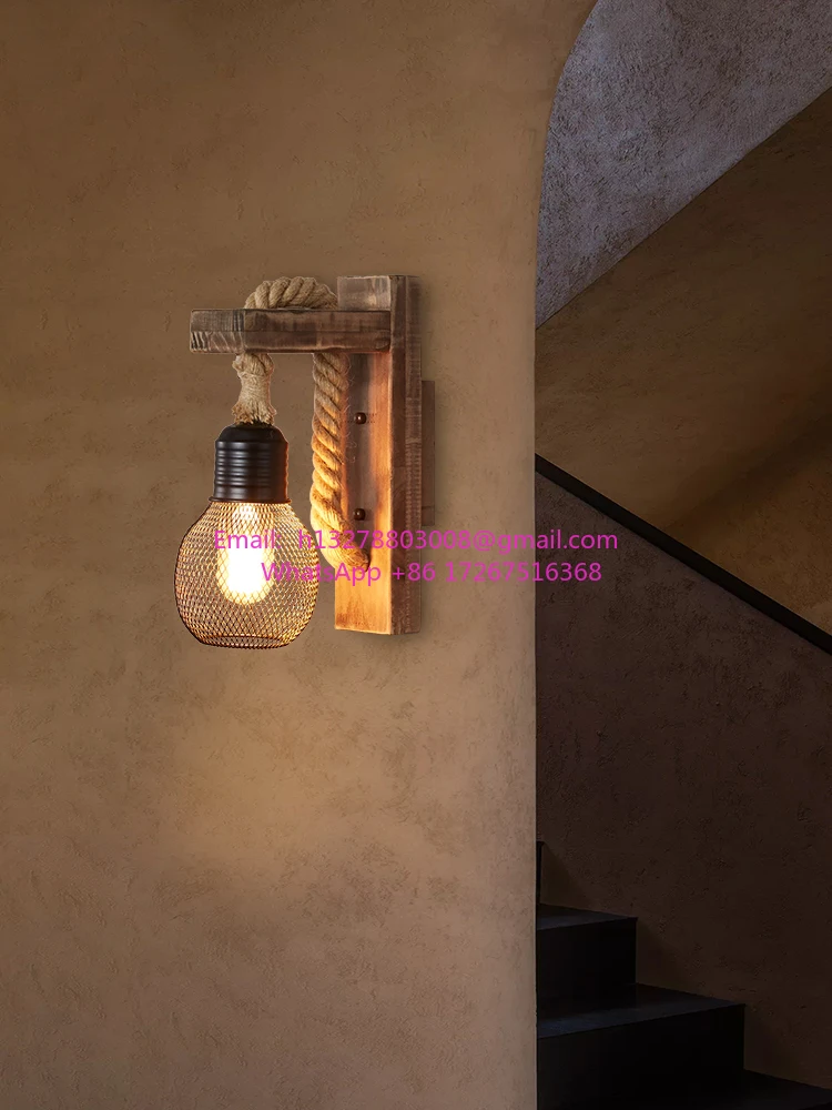 

Rural Retro Solid Wood Wall Lamp Restaurant Restaurant B & B Corridor Aisle Agritainment Industrial Wind Hemp Rope Wall Lamp