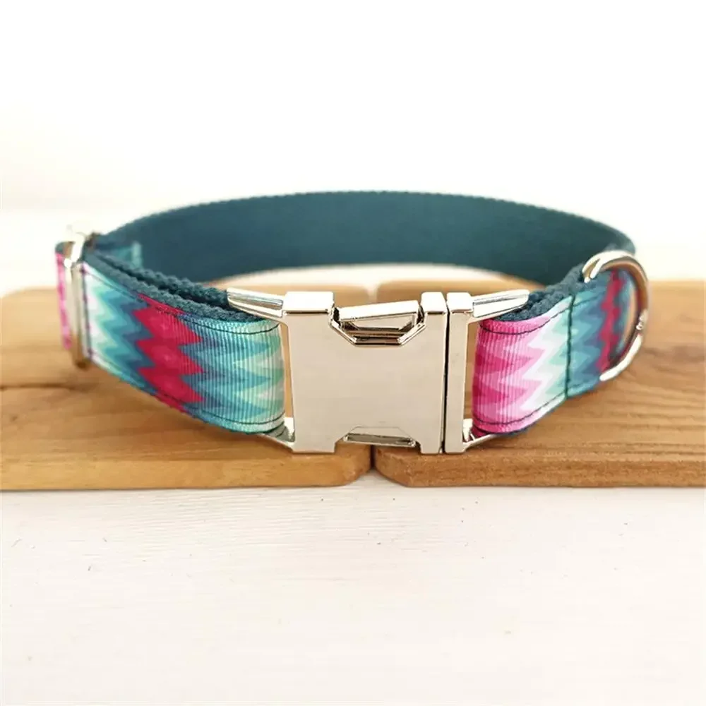 Personalized Dog Collar with Free Engraving, Matching Pet Leash,Customzied Contacts Buckle,Green Peacock Feathers Pet Collar