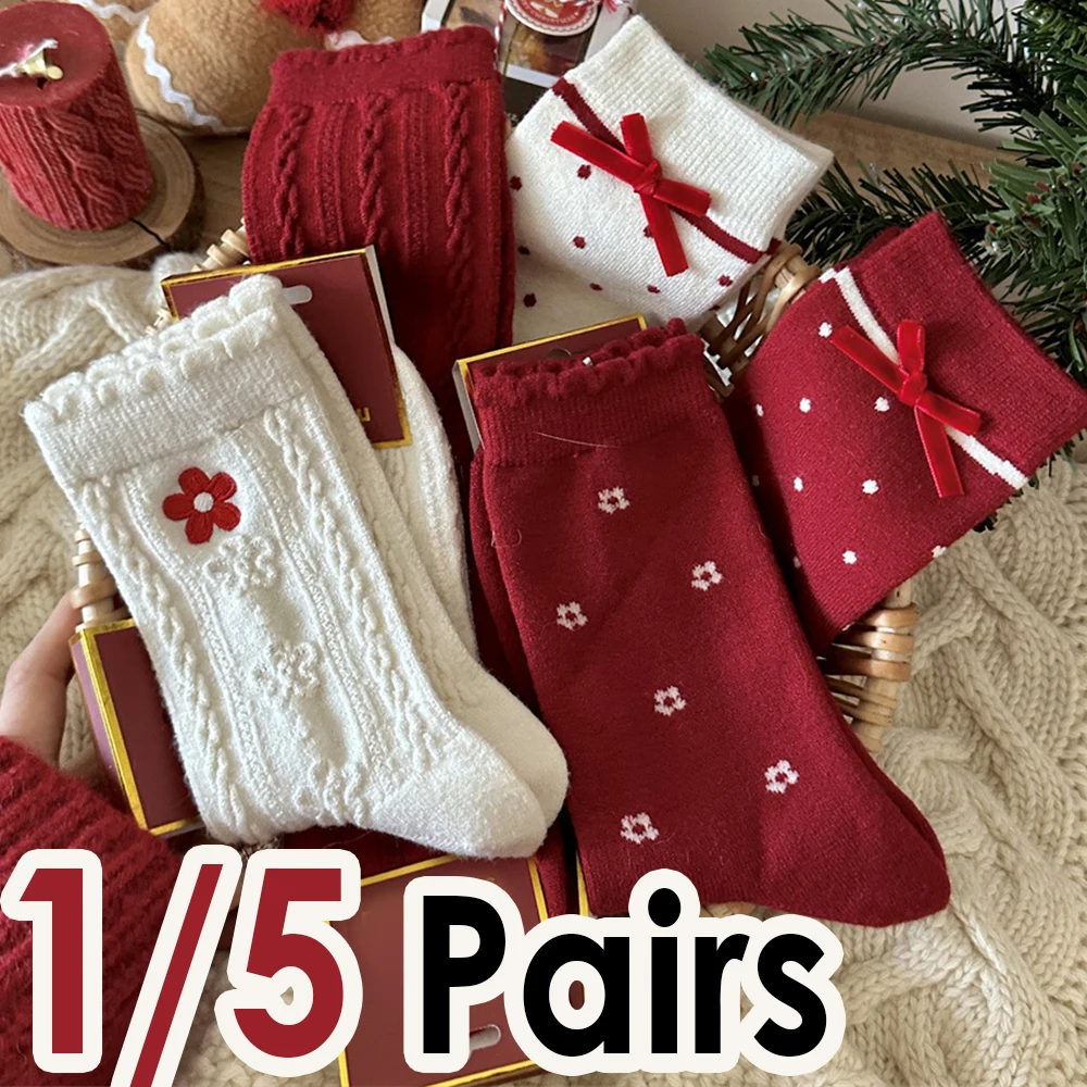 1/5 Paar Damen-Socken mit roter Schleife und mittlerer Röhre, modischer süßer Blumendruck, Urlaubsstil, weich, bequem, ganzjährig, lässige Socken – Detail 7