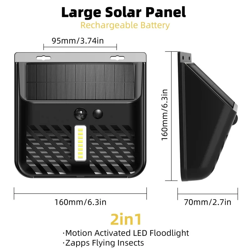 2IN1 Solar Floodlight with Bulit-in Bug Zapper Outdoor Waterproof Motion Activated LED Floodlight Zapps Flying Insects Mosquito