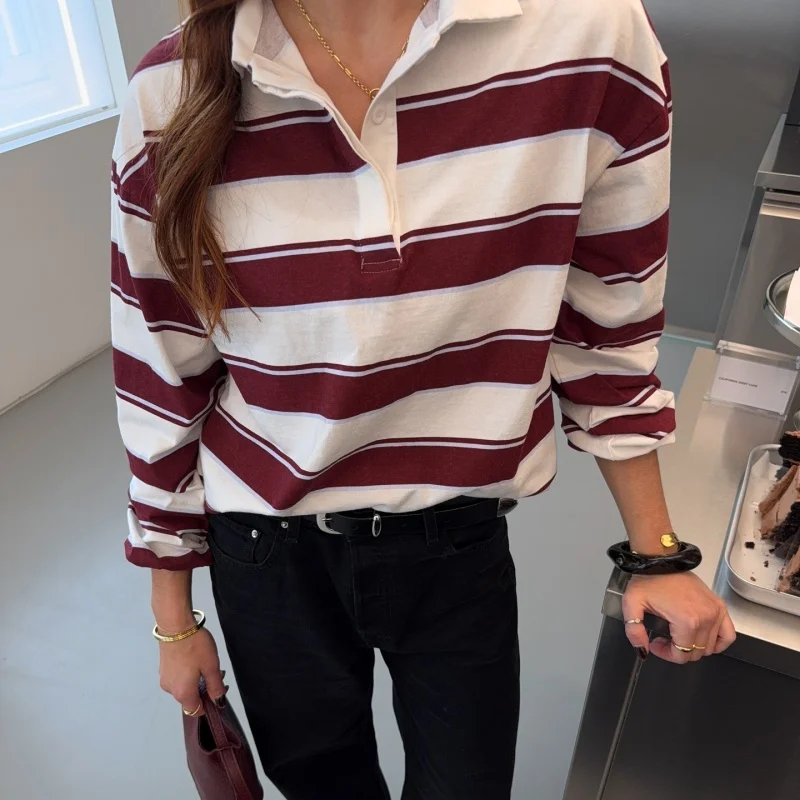 المرأة مخطط الرجبي Pol o قميص المتضخم خمر كم طويل البلوز قمم بلوزات Preppy