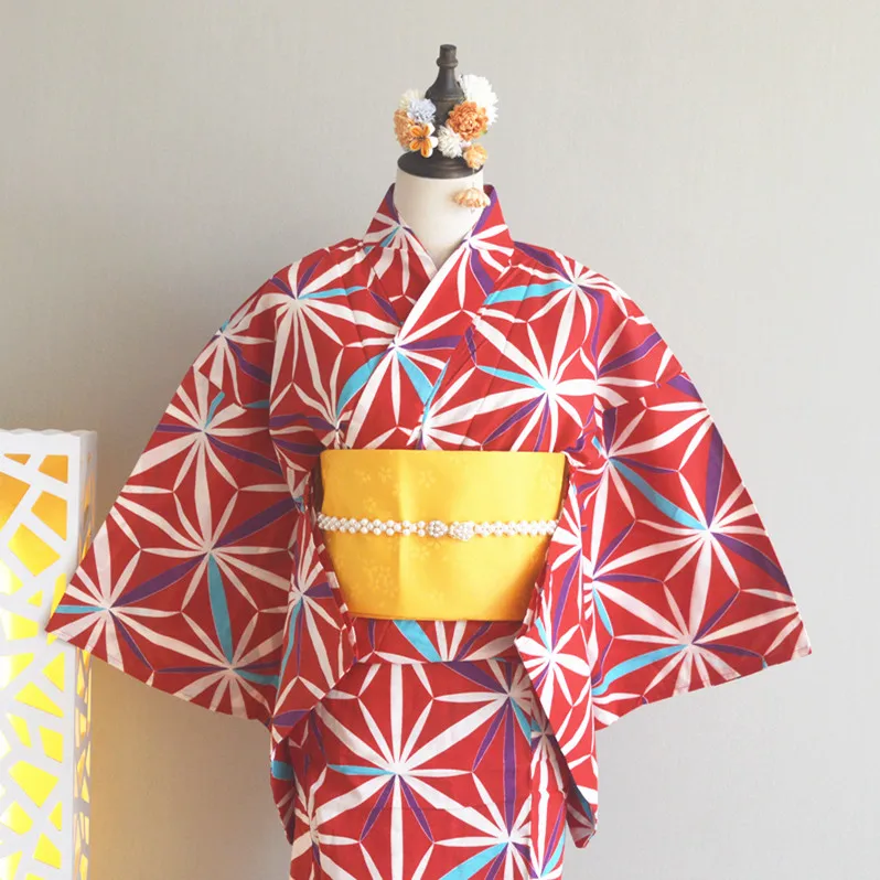 

Traditional Japanese Yukata Dress Red Base with Hemp Leaf Pattern, 100% Cotton Kimono for Women