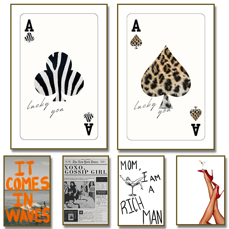 Playing Card Leopard and Zebra Red Heels and Martini Poster Canvas Painting Print Wall Art Picture for Living Room Home Decor