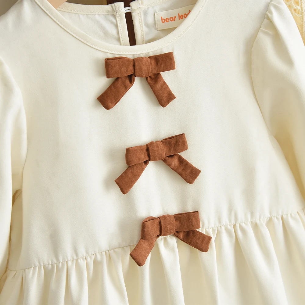 Beige Mädchen Freizeitkleider Herbst Langarm Schleife Dekoration Prinzessin Kleid Modische und einfache Freizeitkleidung für Kinder – Detail 5