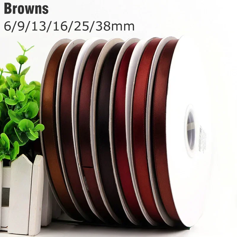 6/9/13/16/25/38mm Brown Double Sided Satin Ribbon Solid Color Silky Ribbons 100% Polyester Thick and Dense Fabric Tapes 537405