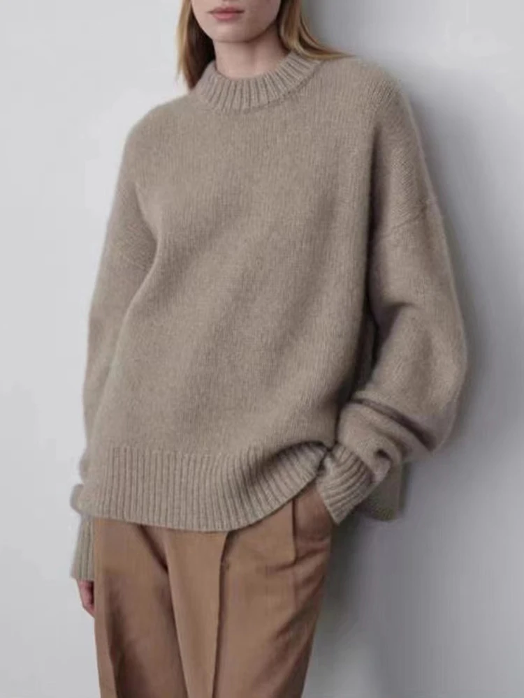 

High-end 100% pure cashmere sweater women loose soft waxy lazy wind round neck thick sweater in autumn and winter.