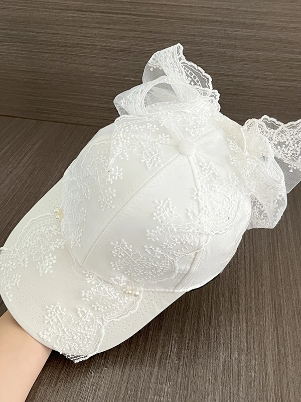Sweet Lace Pearl  Knot Baseball Cap Women's Spring Summer New Style Outing Sun Protection Hat Cotton Geometric Pattern