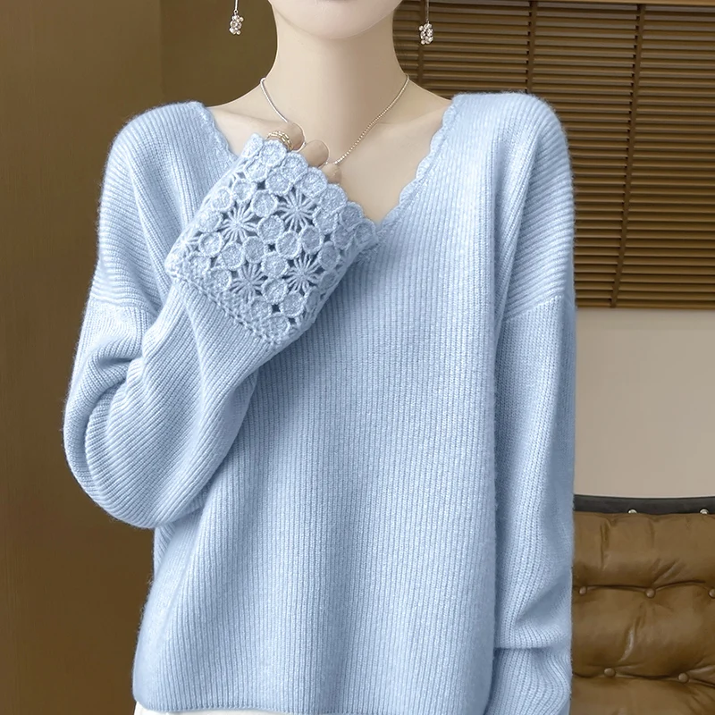 

Autumn and winter new hollow 100% pure wool female V-neck long sleeve solid color loose cashmere sweater knit bottoming shirt