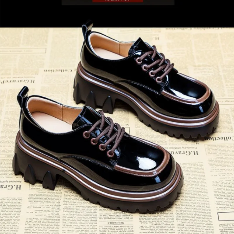 Women Shoes Patent Leather Square Toe Lace-up Thick Sole Non-slip Loafers Color Matching Versatile High Heels