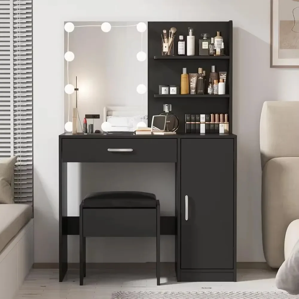 

Makeup Vanity with Lighted Mirror, Desk Drawer and Storage Cabinet, Dresser Mirror Dressing Table for Bedroom, Bathroom