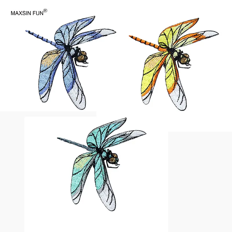 Iron on Flying Dragonfly Fabric Patch 1 Piece 6.3*7.6cm Green Yellow Blue Cute Animal Sticker for Clothing DIY Accessories