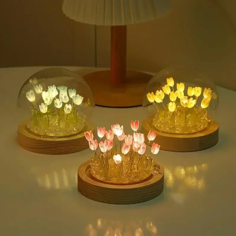 LED Night Light Ornaments Handmade DIY Bedside Artificial Tulip Flower Night Lamp Bedroom Desk Decor Birthday Gifts Table Lamp