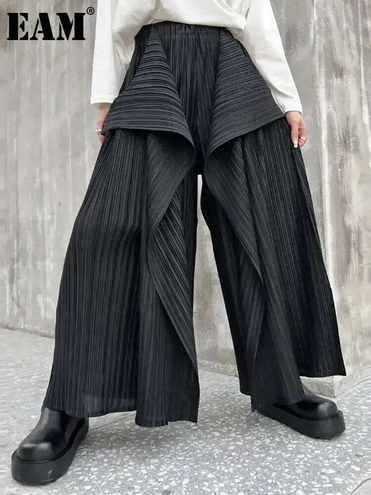 EAM Black Pleated Irregular High Elastic Waist Wide Leg Pants New Loose Trousers Women Fashion Tide Autumn 2026 30A2833