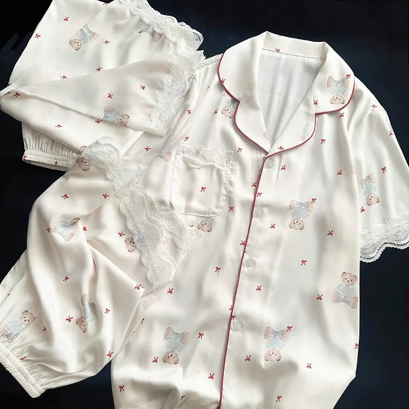 

Комплект из 3-х предметов: женские пижамы, весна-лето, милые кружевные пижамы с принтом медведя, женские длинные брюки с короткими рукавами, одежда для дома, белый кардига