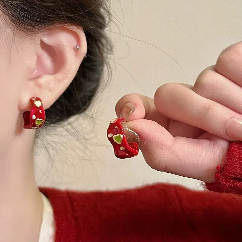 

Retro red glazed zircon earrings for women 2025, new high-end style with unique earrings