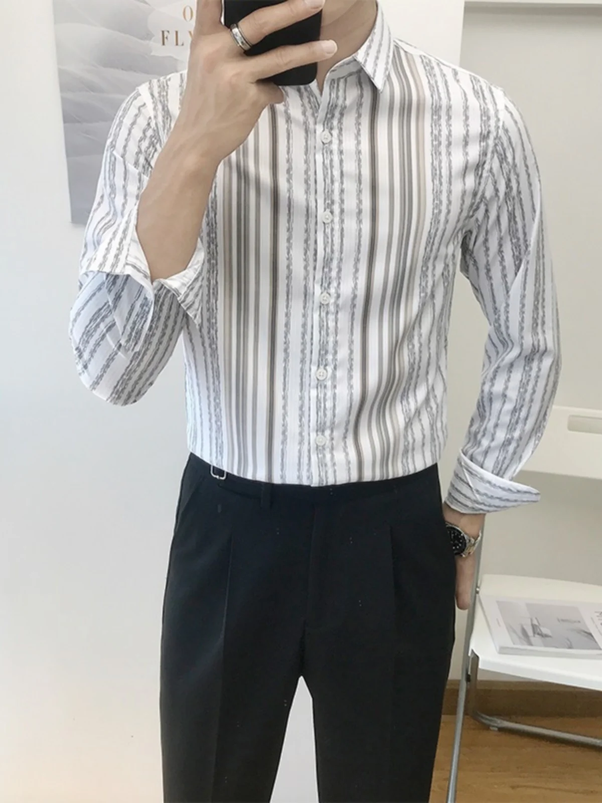 2023 Men's Slim Fit Long Sve Striped irt Casual Busin Korean Sle Faionable Top Quali Material Easy Care