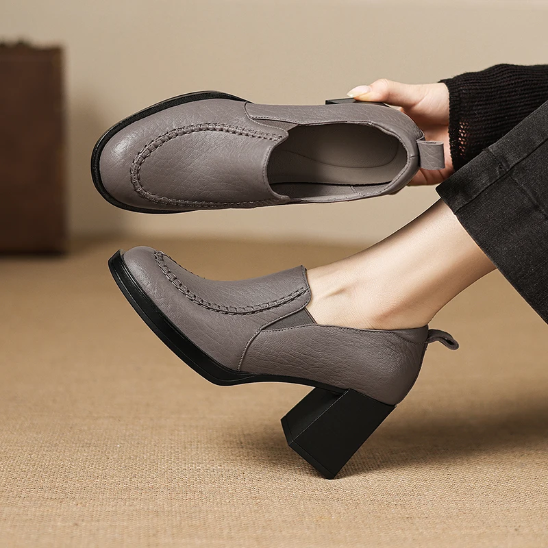 2026 new spring summer women pumps natural leather 22-25cm sheepskin+pigskin round toe thick high heel loafers women shoes