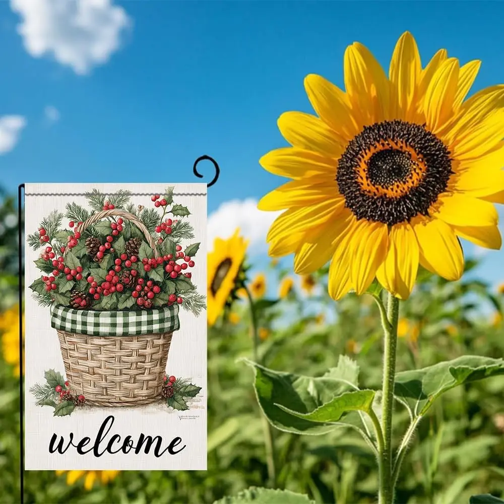 Linen material- Welcome Garden Flag 11.81 x 17.72 inch christmas decorations Basket with Pinecones Holly and Red Berries Rus IIC